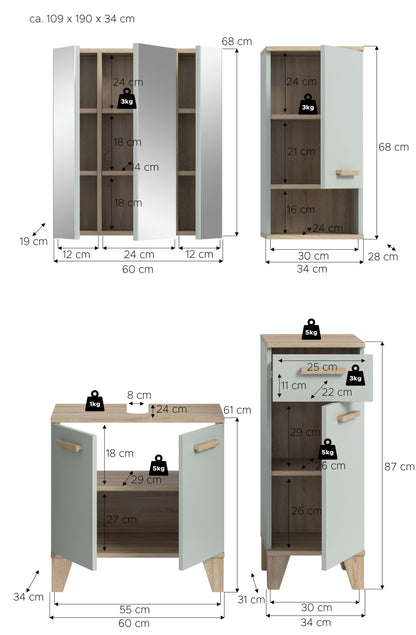 Ensemble de salle de bain STAR (L/H/P : env. 109/190/34 cm) en vert clair/vert clair