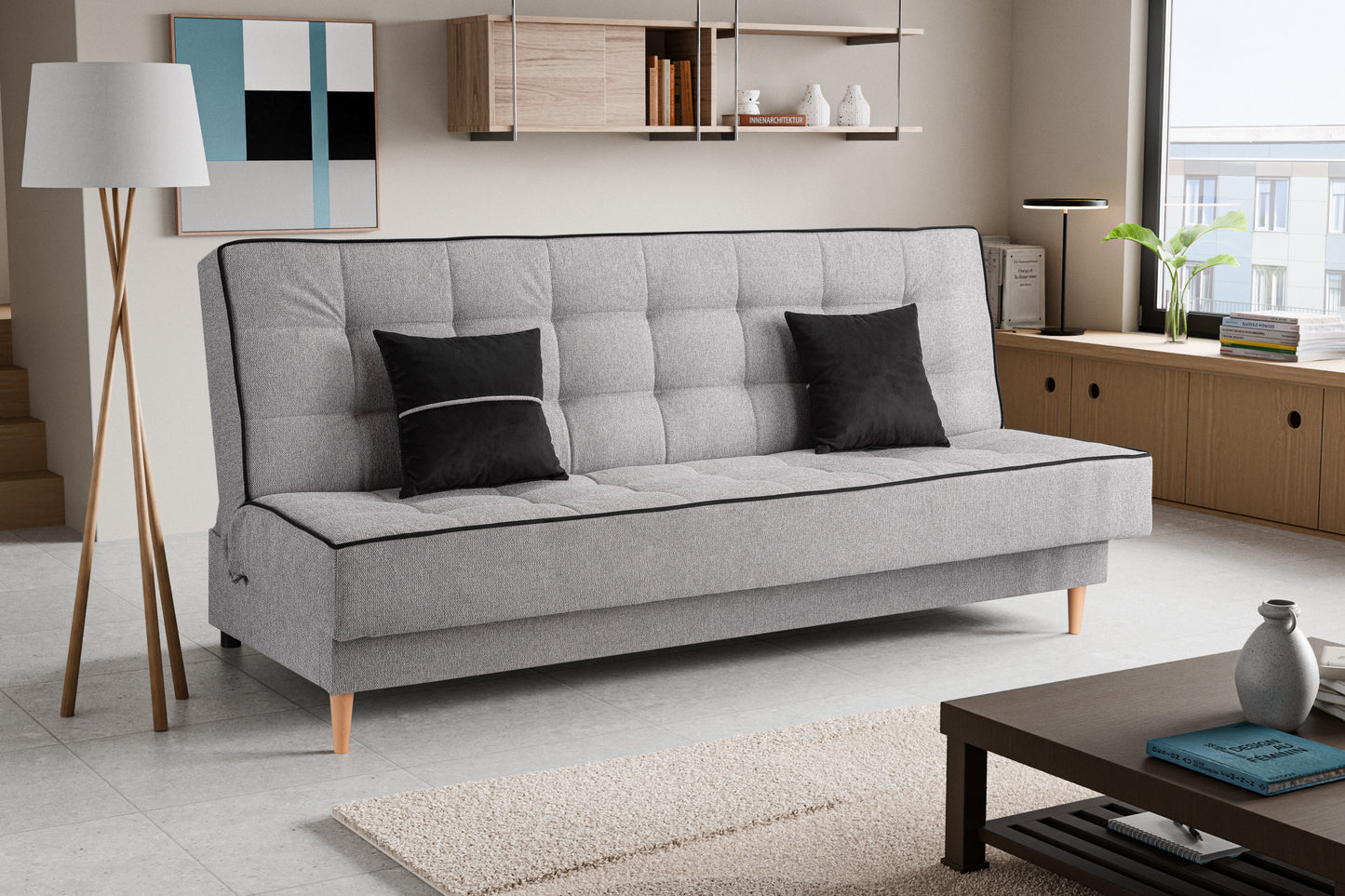 Schlafsofa mit Schlaffunktion, grauer Stoffbezug, zwei schwarze Kissen, Holzfüße