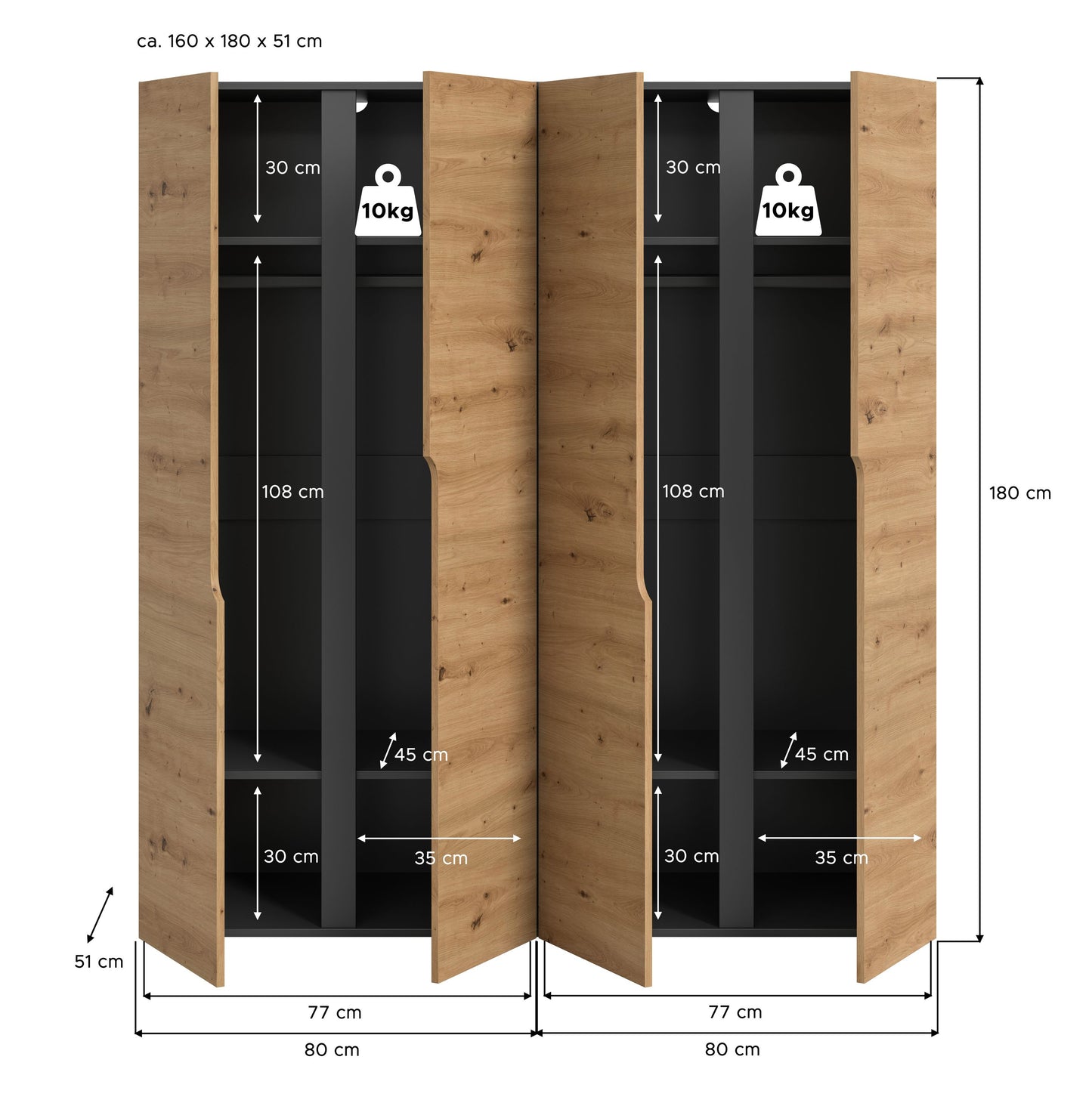 Wardrobe combination ANGA (W/H/D: approx. 160/180/51 cm) in anthracite/Artisan oak replica