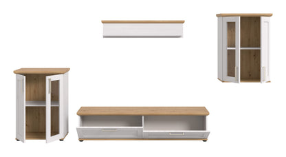 Wohnwand-Set mit Lowboard in Weiß und Holzplatte sowie zwei Vitrinen mit Glasfächern