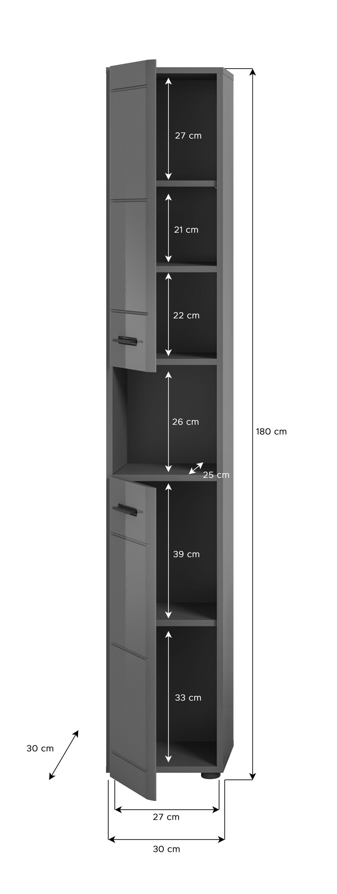 Grau glänzender Hochschrank mit Maßangaben für Breite, Tiefe und Höhe