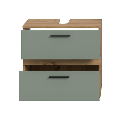 Bad-Waschbeckenunterschrank mit 2 Schubladen, türkisgrün, Holzrahmen, Griffmulden