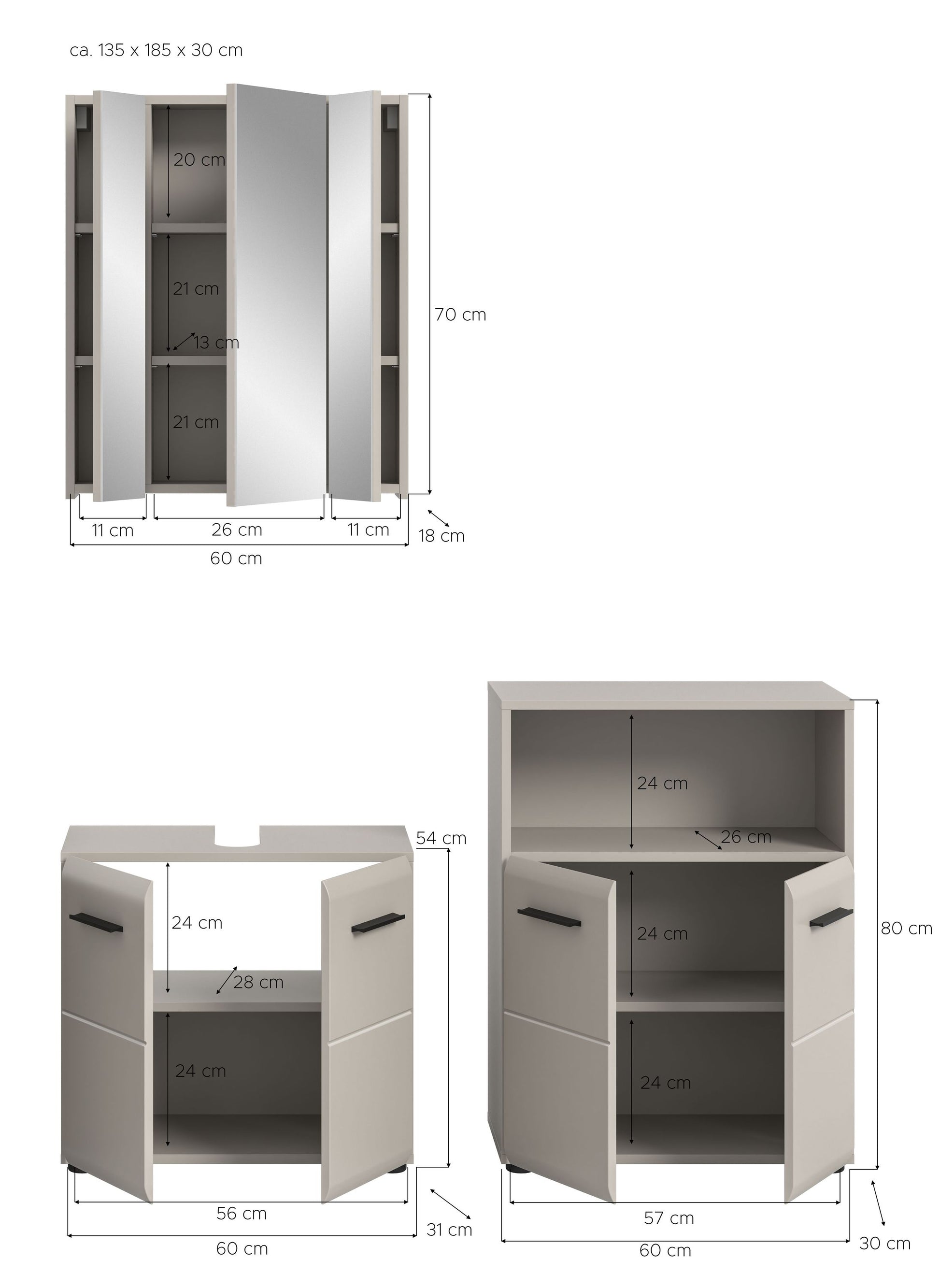 Badezimmermöbel-Set mit Spiegelschrank und Waschtisch-Unterschrank, grau, mit Schubladen