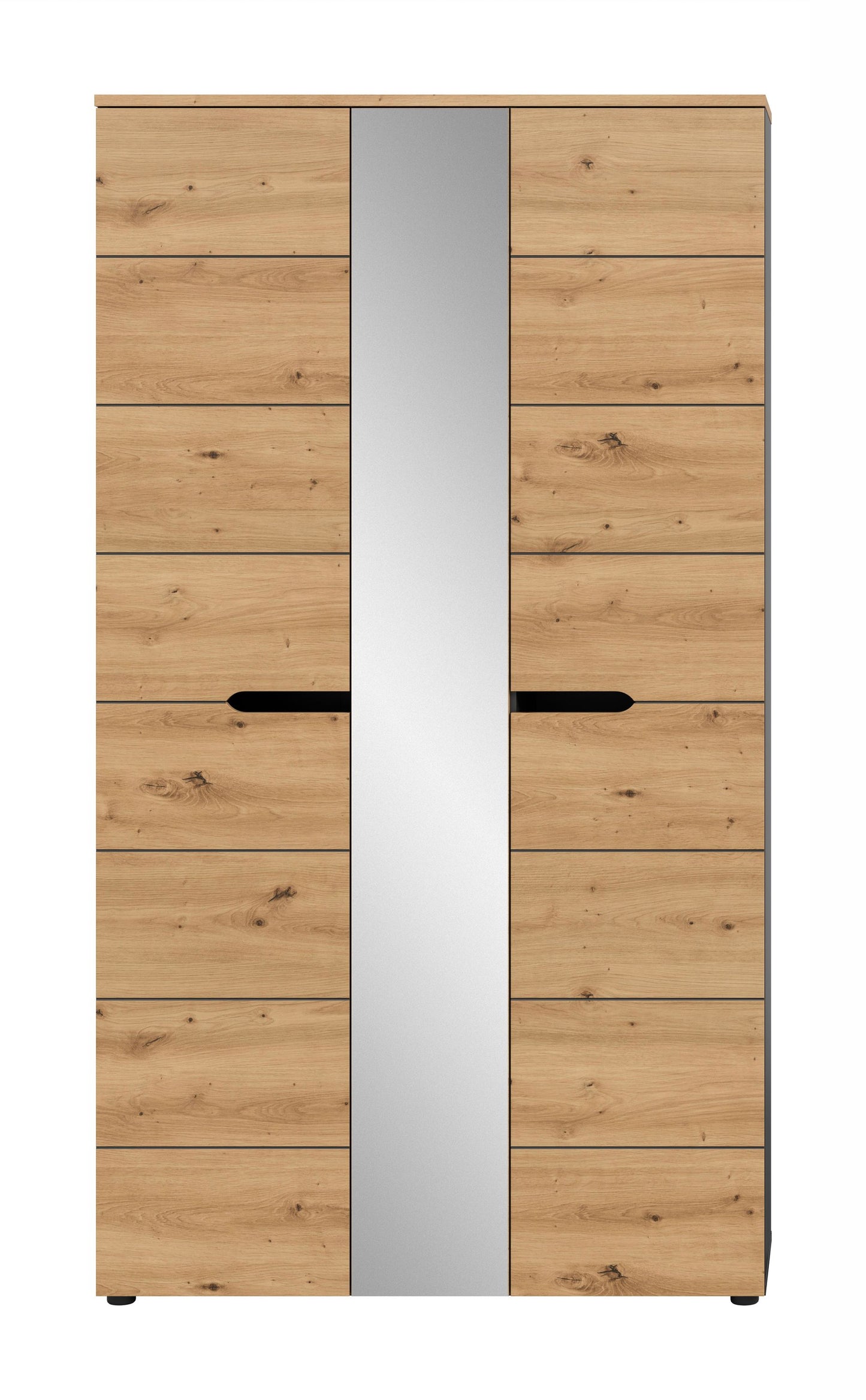 Garderobenschrank mit Spiegel, Eichenoptik-Front mit Griffstange und Schubladen