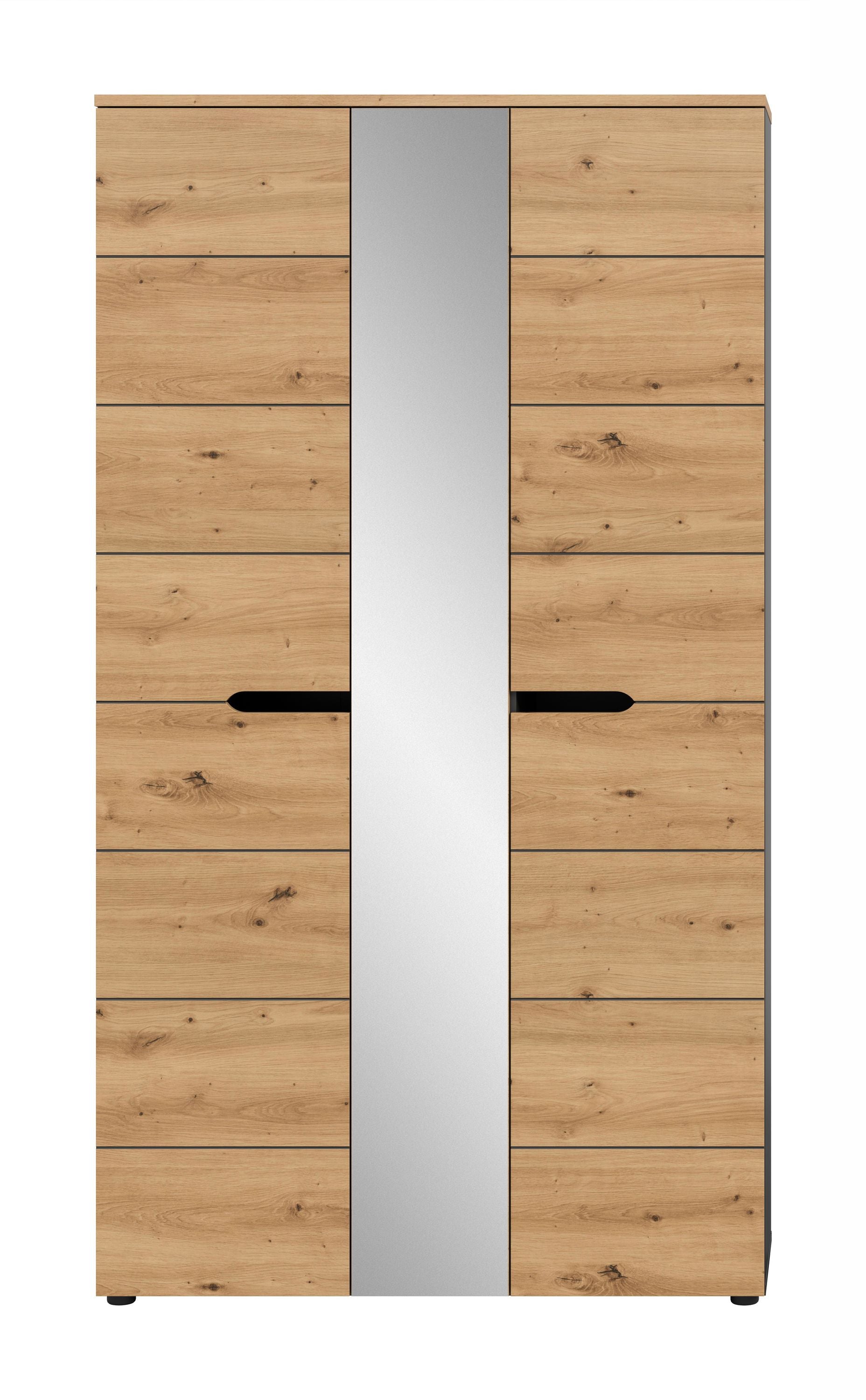 Garderobenschrank mit Spiegel, Eichenoptik-Front mit Griffstange und Schubladen