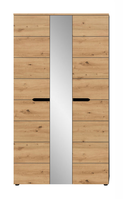 Garderobenschrank mit Spiegel, Eichenoptik-Front mit Griffstange und Schubladen