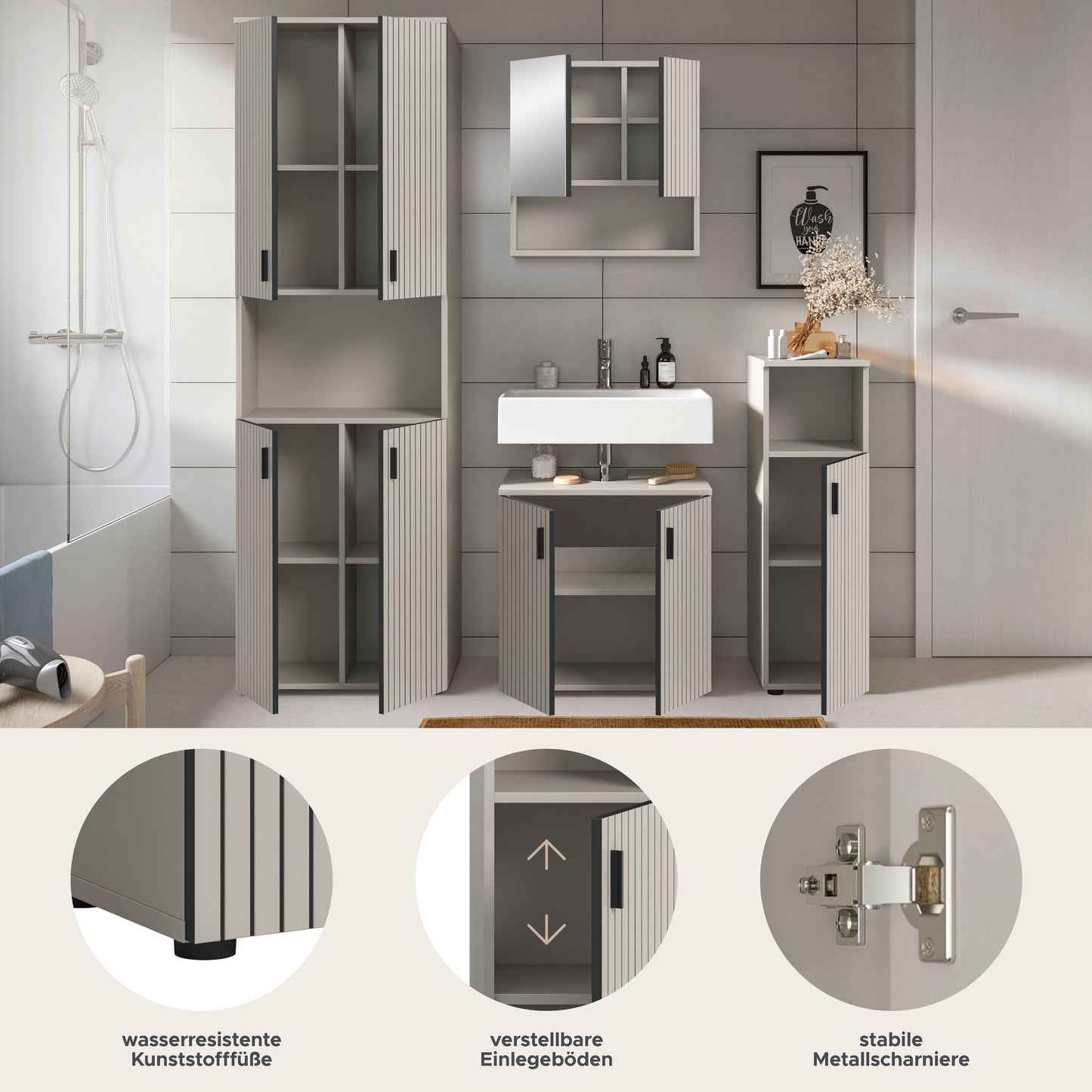 MONE Bathroom Furniture Set (W/H/D: approx. 180/192/30 cm) in Cashmere/Cashmere