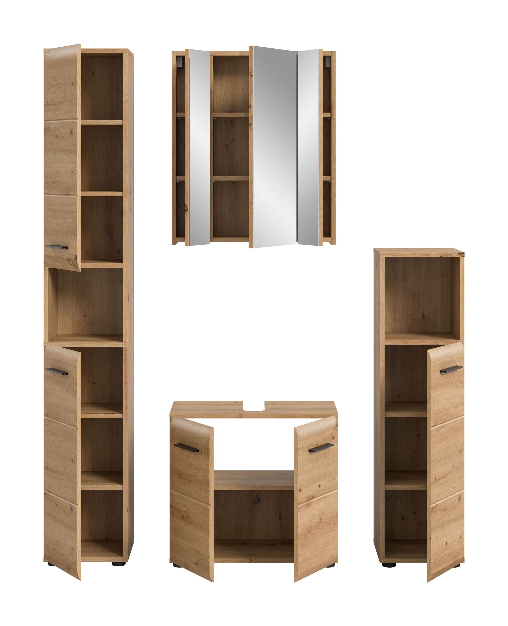 Badmöbel-Set 4-teilig in hellem Holz, Spiegelschrank geöffnet mit Innenregalen