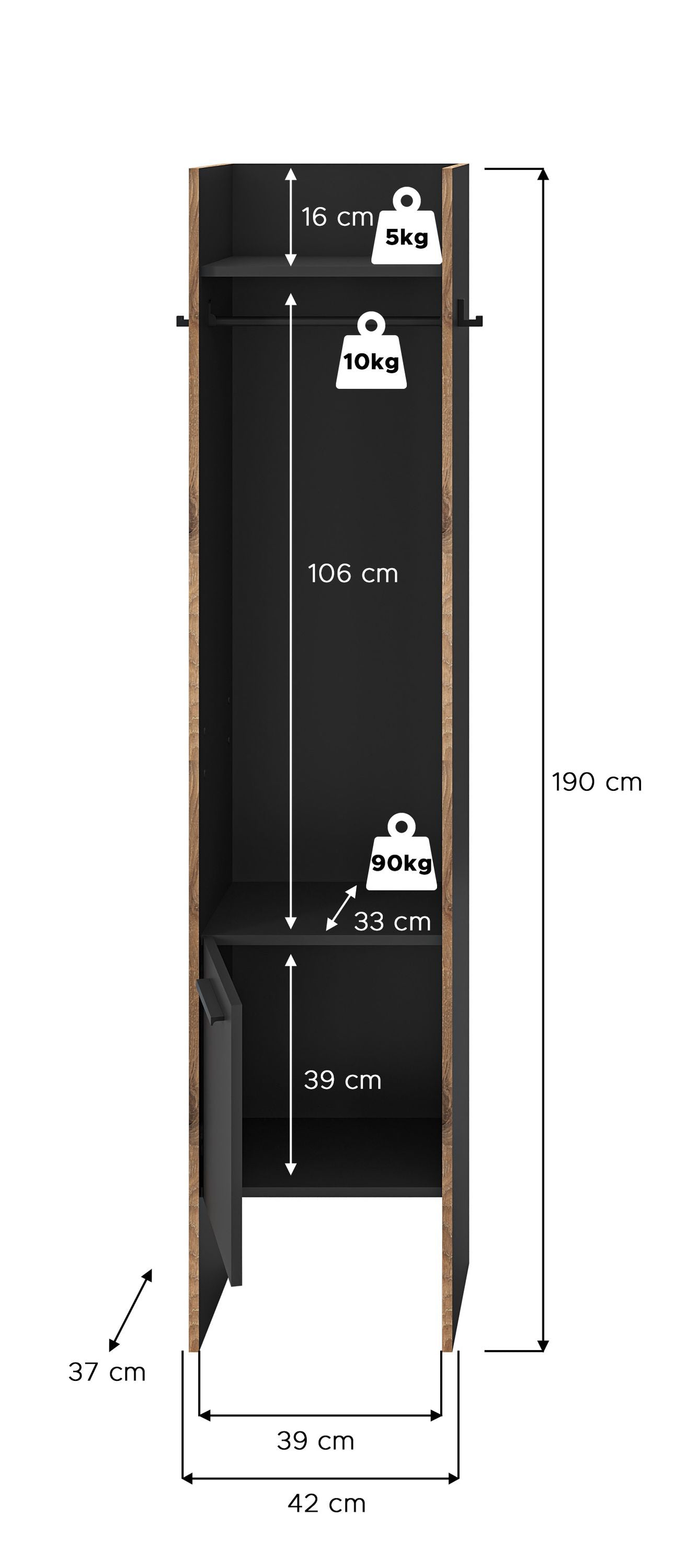 Meuble d'entrée BUENO (L/H/P : env. 42/189/37 cm) en gris basalte/gris basalte