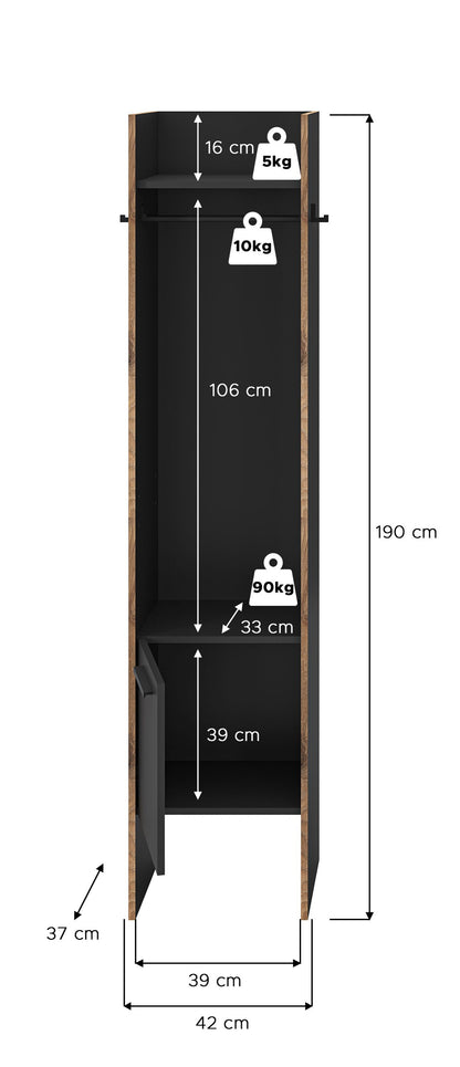 Meuble d'entrée BUENO (L/H/P : env. 42/189/37 cm) en gris basalte/gris basalte