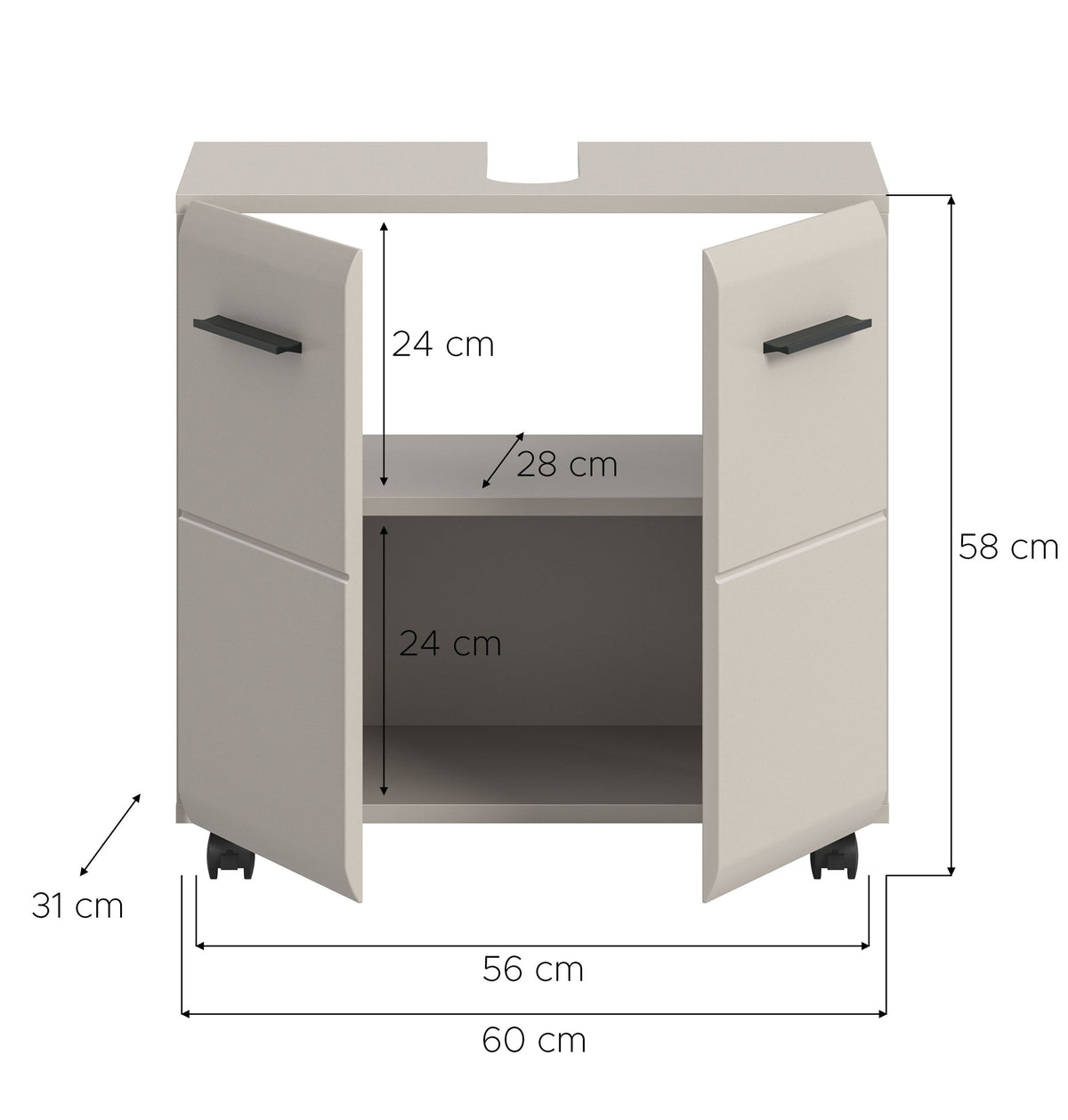 Rolling Washbasin Cabinet ICE (W/H/D: approx. 60/58/30 cm) in Nox Oak finish/matt black