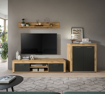 Meuble TV JAM (L/H/P : env. 255/159/40 cm) en imitation chêne Wotan/gris
