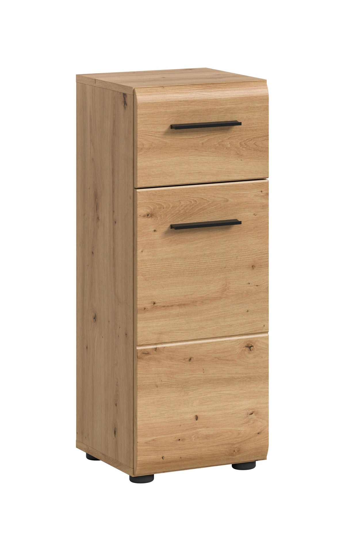 Schmaler Badezimmerschrank in Holzoptik mit zwei Schubladen und Griffen