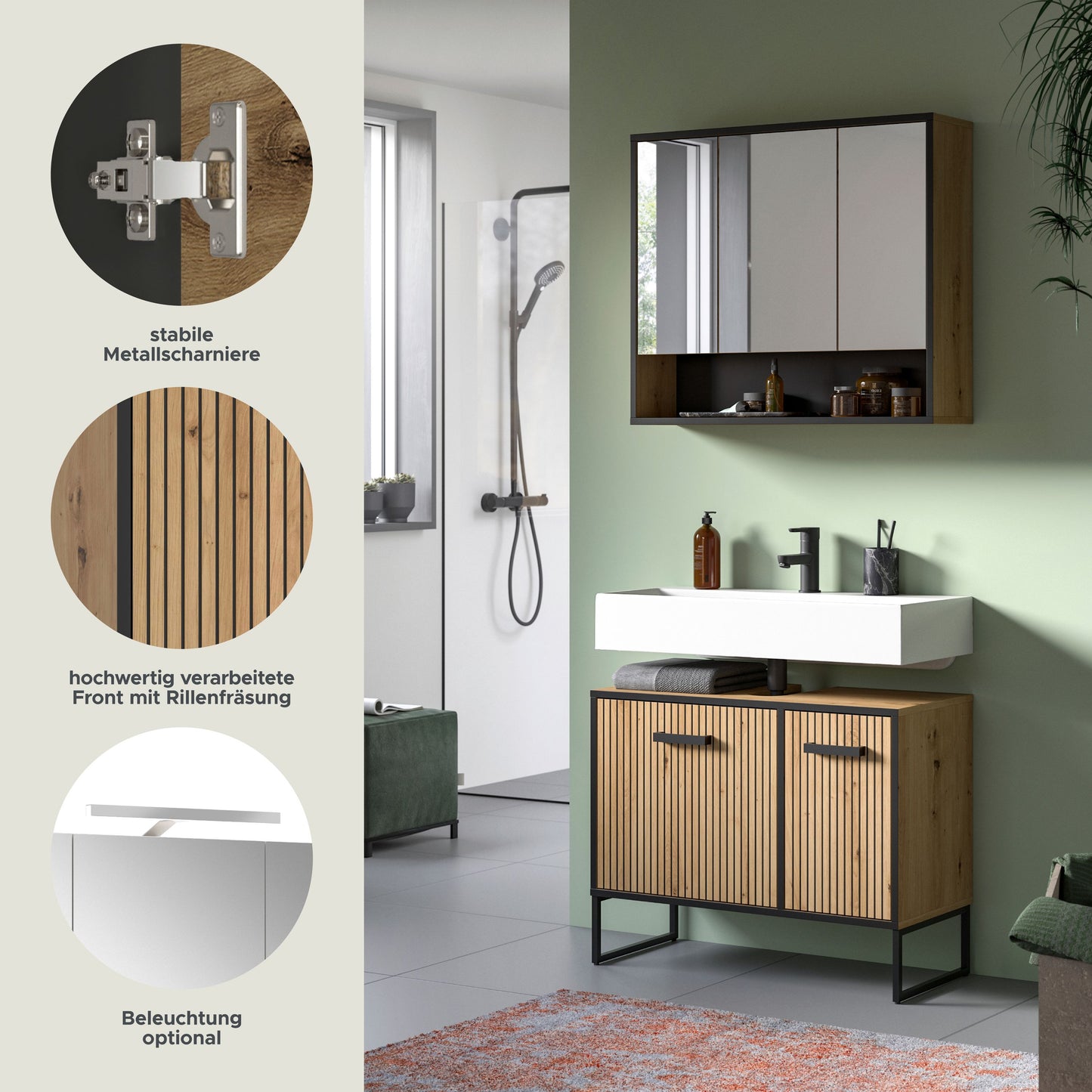 Badmöbelset im Detail: Spiegelschrank und Unterschrank mit gerillter Holzfront