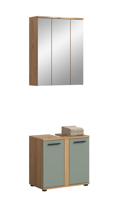 Spiegelschrank-Set mit Holzrahmen, dreiteiligen Spiegeltüren und Unterschrank