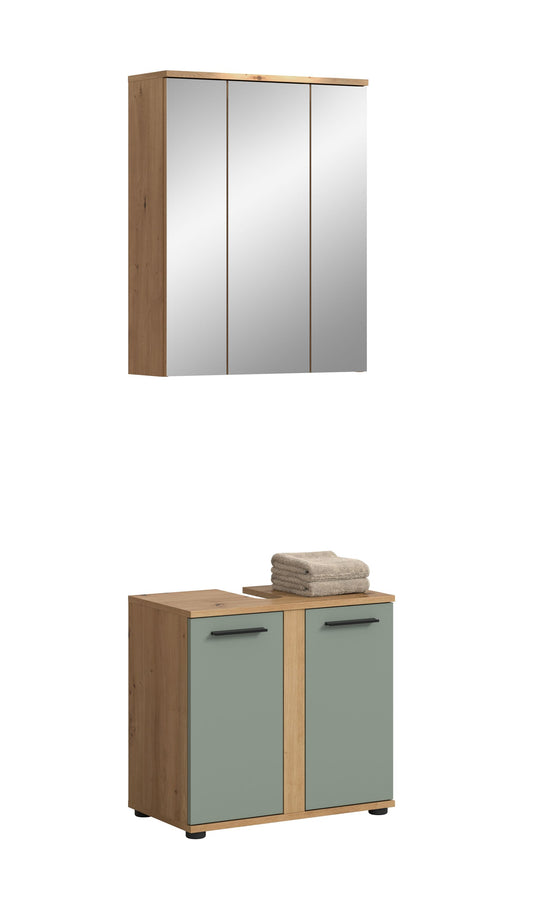 Spiegelschrank-Set mit Holzrahmen, dreiteiligen Spiegeltüren und Unterschrank