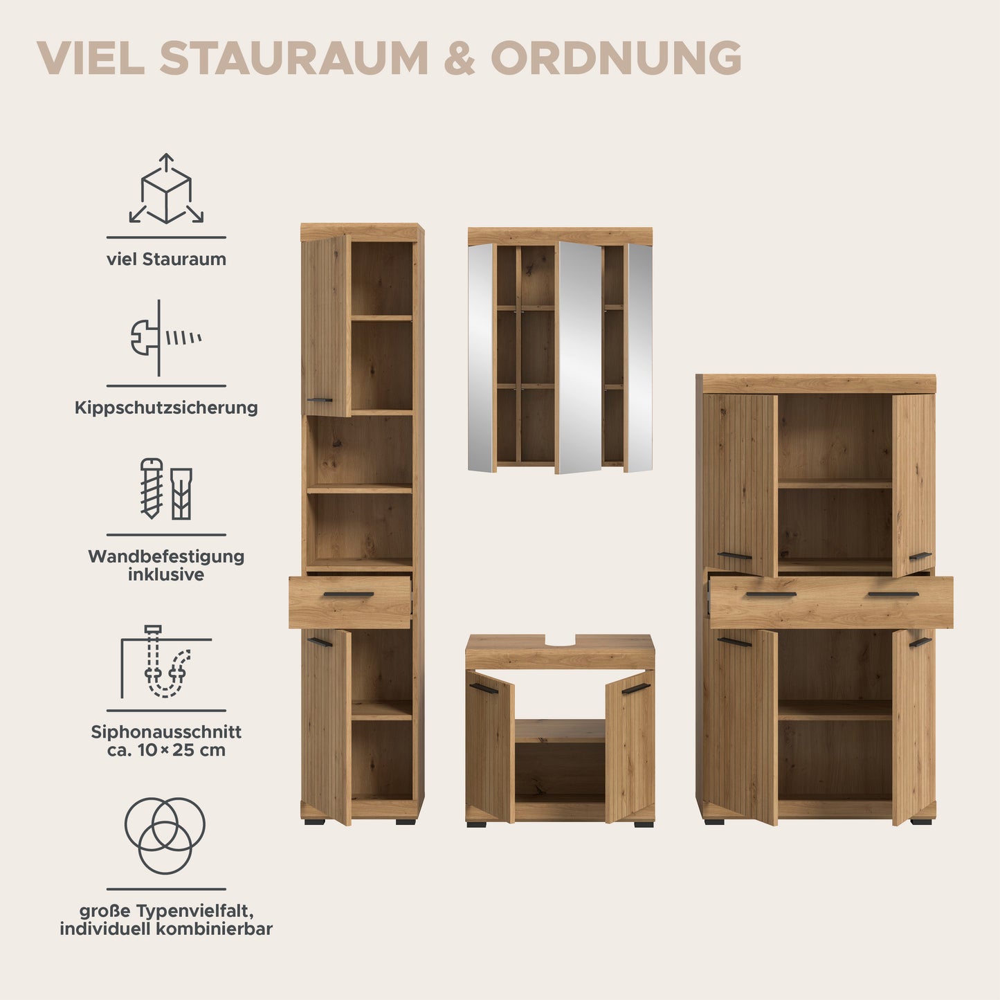 4-tlg. Badezimmerset mit hochschrank, spiegeltürschrank und unterschrank in Holzdekor