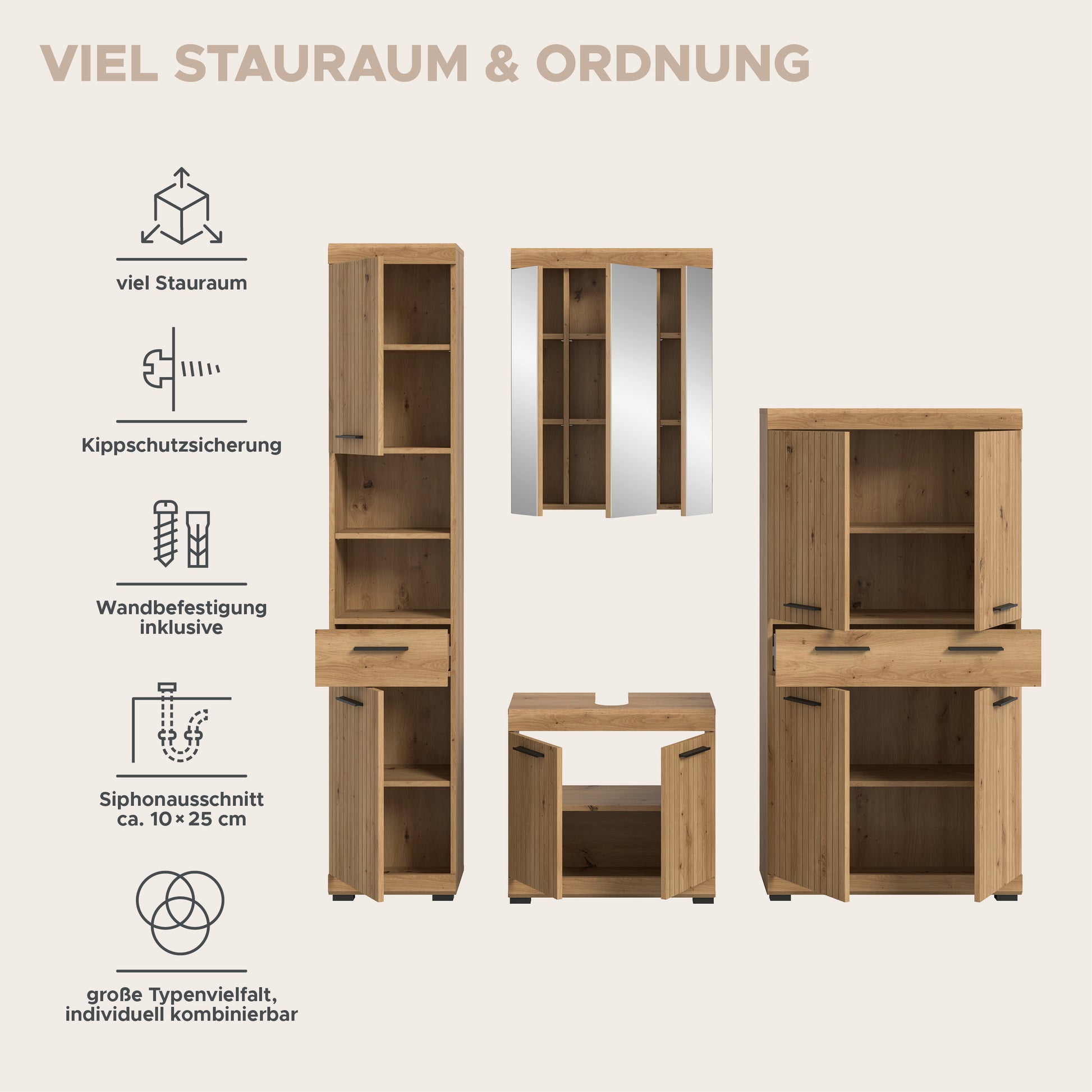 4-tlg. Badezimmerset mit hochschrank, spiegeltürschrank und unterschrank in Holzdekor