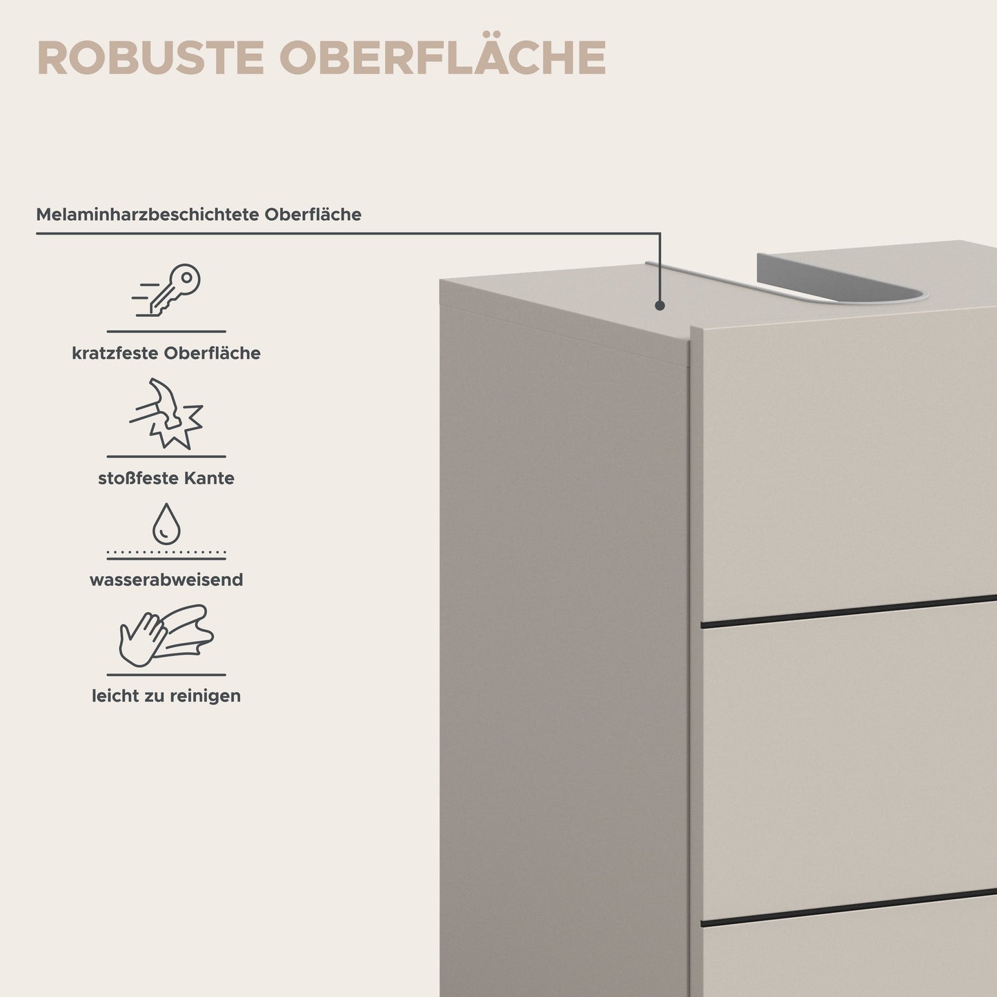 Waschbeckenunterschrank mit robuster, melaminbeschichteter Oberfläche und kratzfester Kante