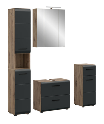 Badmöbel-Set mit dunkelgrauen Fronten und Holzoptik: Spiegelschrank, Waschtisch und Hochschrank