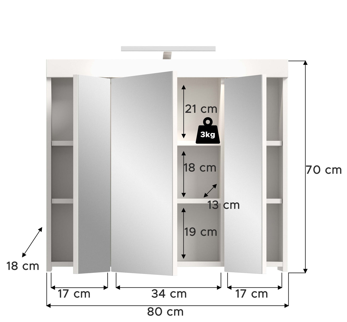 Viana Spiegelschrank inkl. Beleuchtung (B/H/T: 80x70x18 cm) in Spiegelglas und Weiß