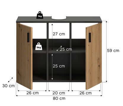 Maßskizze: Waschbeckenunterschrank 80×59×30 cm, Innenmaße 25×27 cm