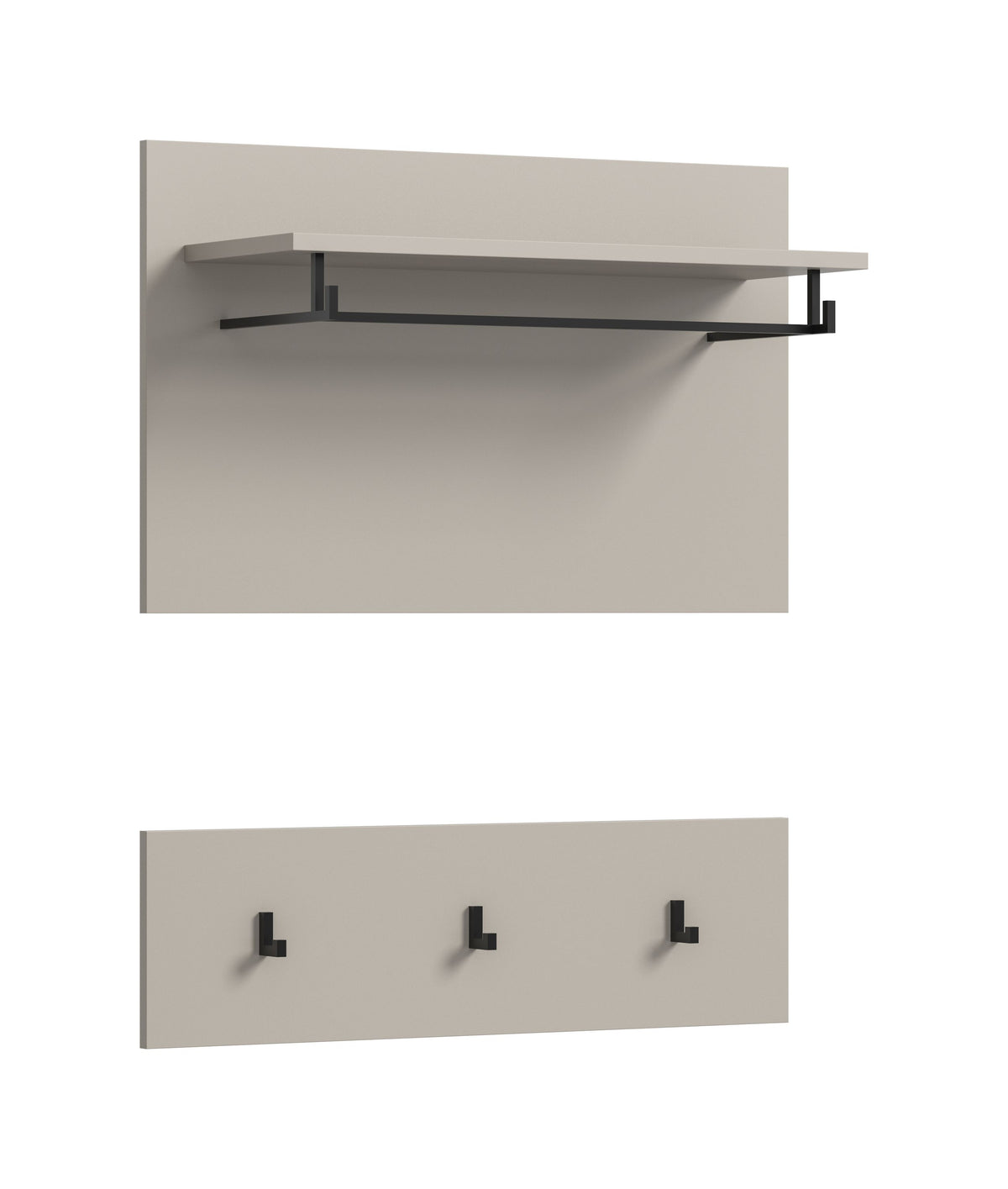 Garderobenwand mit Hutablage und drei Kleiderhaken, graue Oberfläche, schwarze Haken