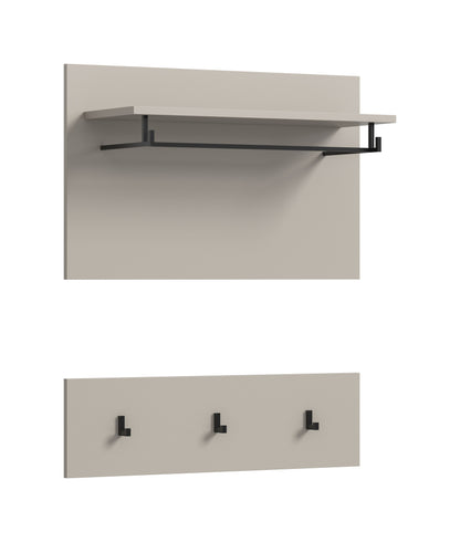 Garderobenwand mit Hutablage und drei Kleiderhaken, graue Oberfläche, schwarze Haken