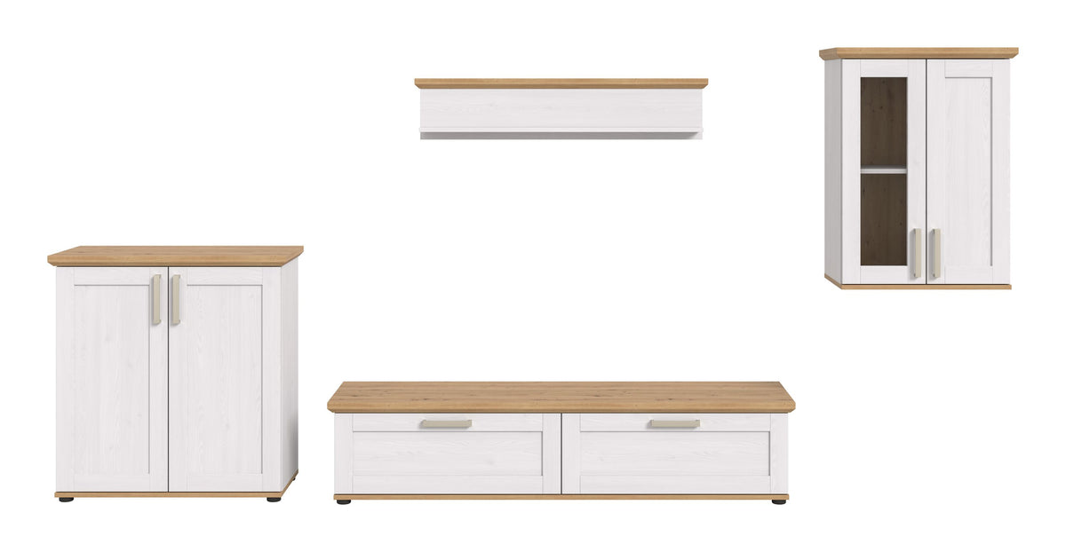 Wohnwandset: TV-Lowboard mit Schubladen und Hängeschrank, weiß-natur, Landhausstil
