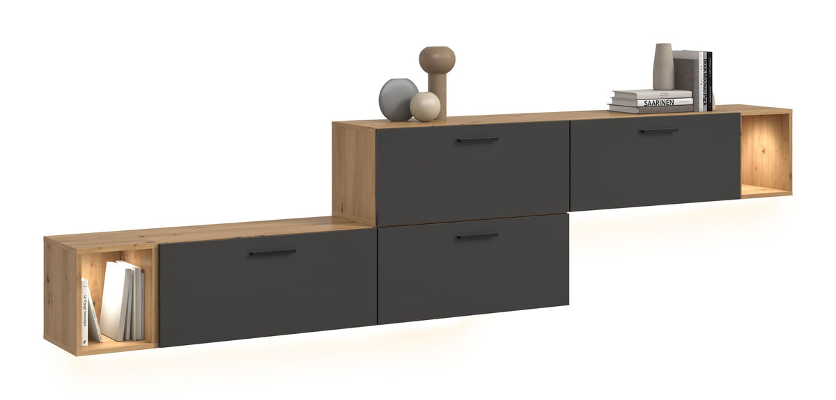 Living Room Combination incl. Lighting THE ONE (W/H/D: approx. 276/97/34 cm) in Artisan Oak Reproduction/Smoke Green