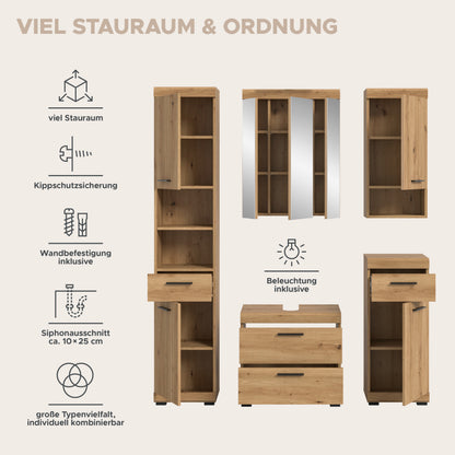 Badezimmerschrank-Set in Holzoptik mit Regalfächern, Kippschutz und Beleuchtung