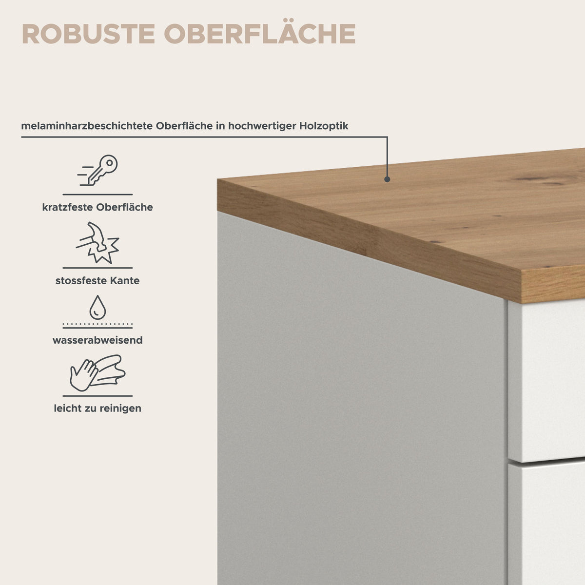 Garderoben-Sitzbank: Holzoberplatte mit geschützter, wasserabweisender Oberfläche