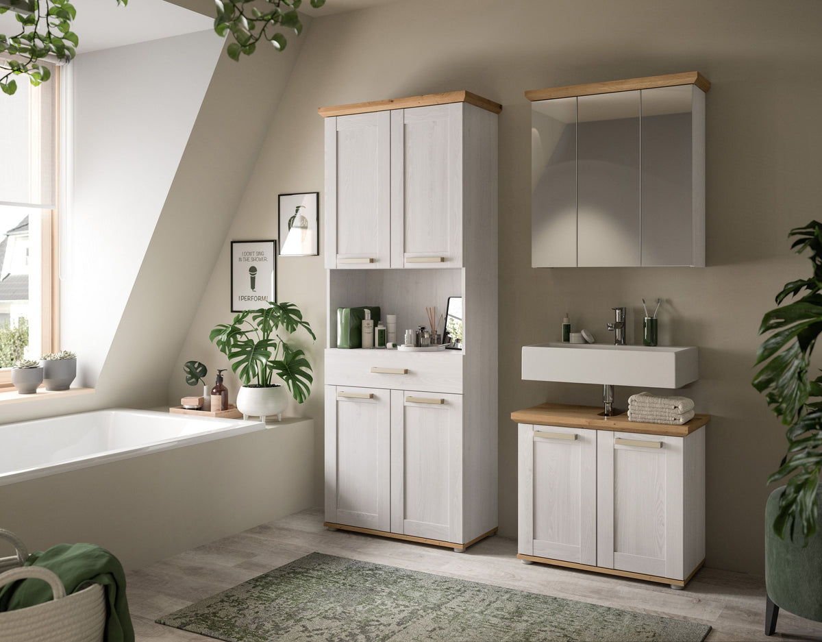 Tall cabinet wide VERONA (W/H/D: approx. 74/187/34 cm) in Sibiu larch reproduction/Sibiu larch reproduction