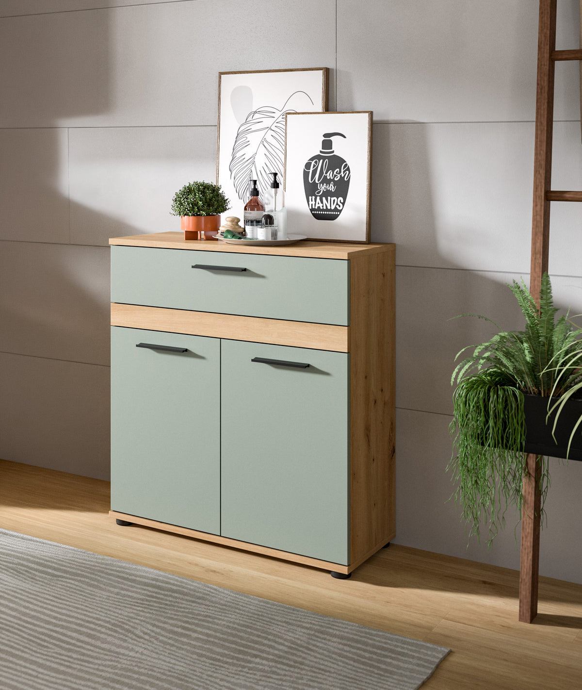 Badezimmerschrank mit Schublade und Türen, mintgrün, Holzplatte, Metallgriffe
