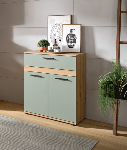 Badezimmerschrank mit Schublade und Türen, mintgrün, Holzplatte, Metallgriffe