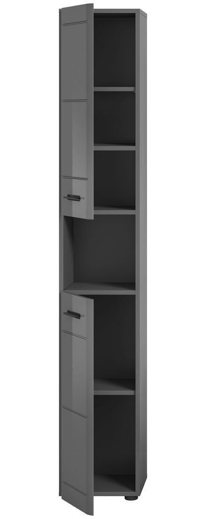 Grau glänzender Hochschrank mit geöffneter Tür, Regalböden und Schubfach