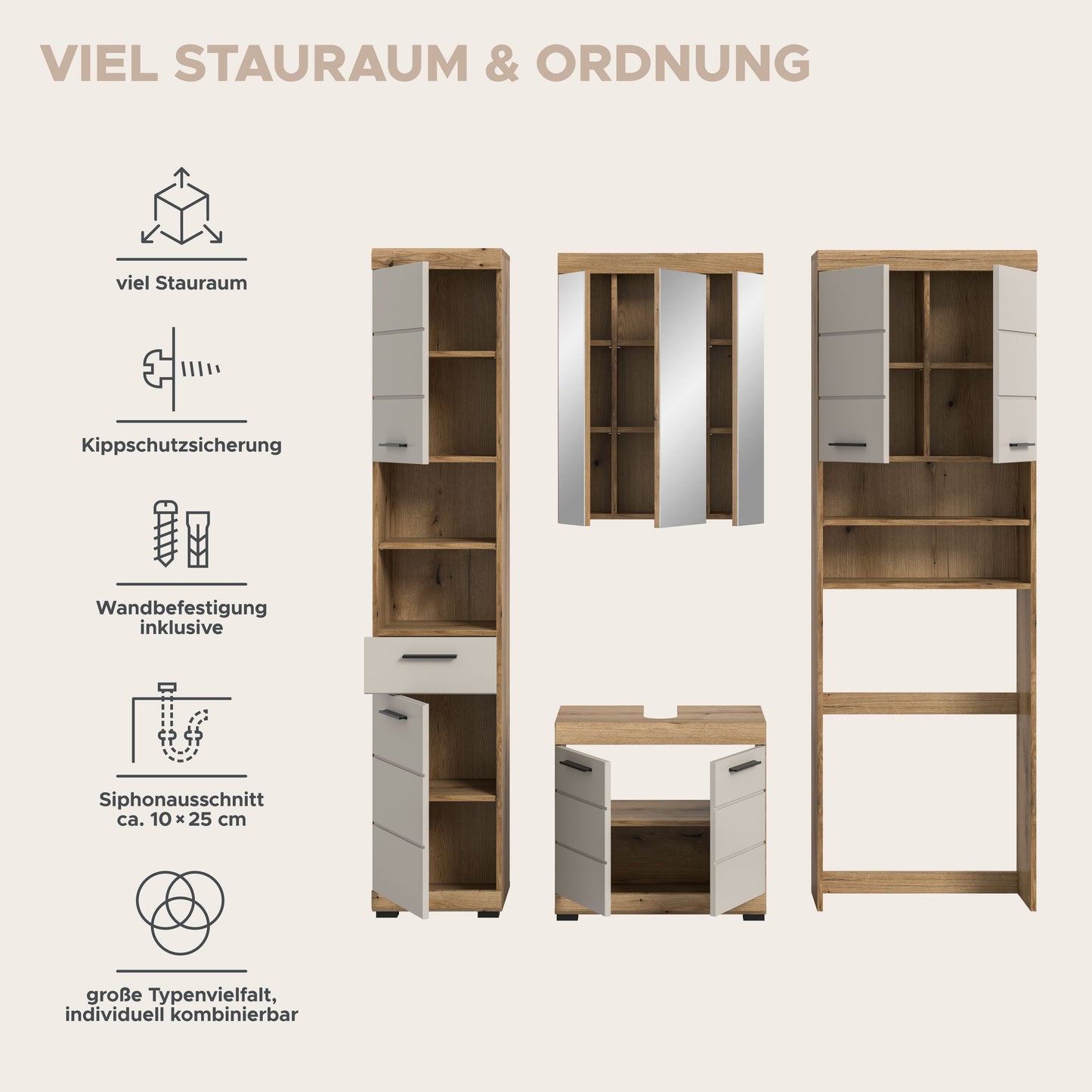 Weißes Badezimmerset mit Hochschrank, Spiegelschrank und Waschtischunterbau mit Schubladen