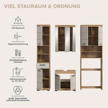 Weißes Badezimmerset mit Hochschrank, Spiegelschrank und Waschtischunterbau mit Schubladen