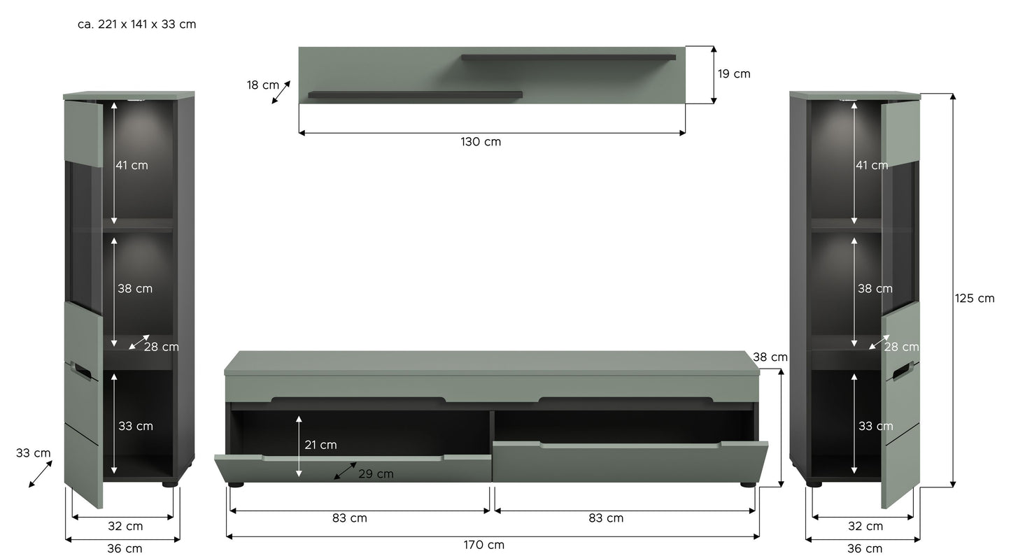 Ensemble mural CANU avec éclairage (L/H/P: env. 272/141/33 cm) en gris basalte/vert fumé