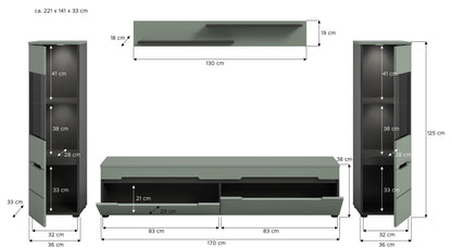 Ensemble mural CANU avec éclairage (L/H/P: env. 272/141/33 cm) en gris basalte/vert fumé