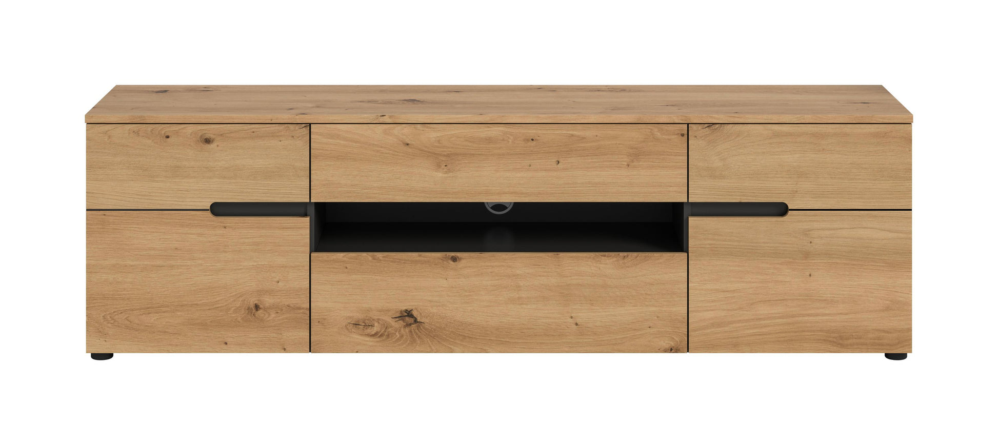TV-Lowboard aus hellem Holz mit breiter Griffstange, Mittelablage und zwei Schranktüren