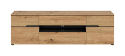 TV-Lowboard aus hellem Holz mit breiter Griffstange, Mittelablage und zwei Schranktüren