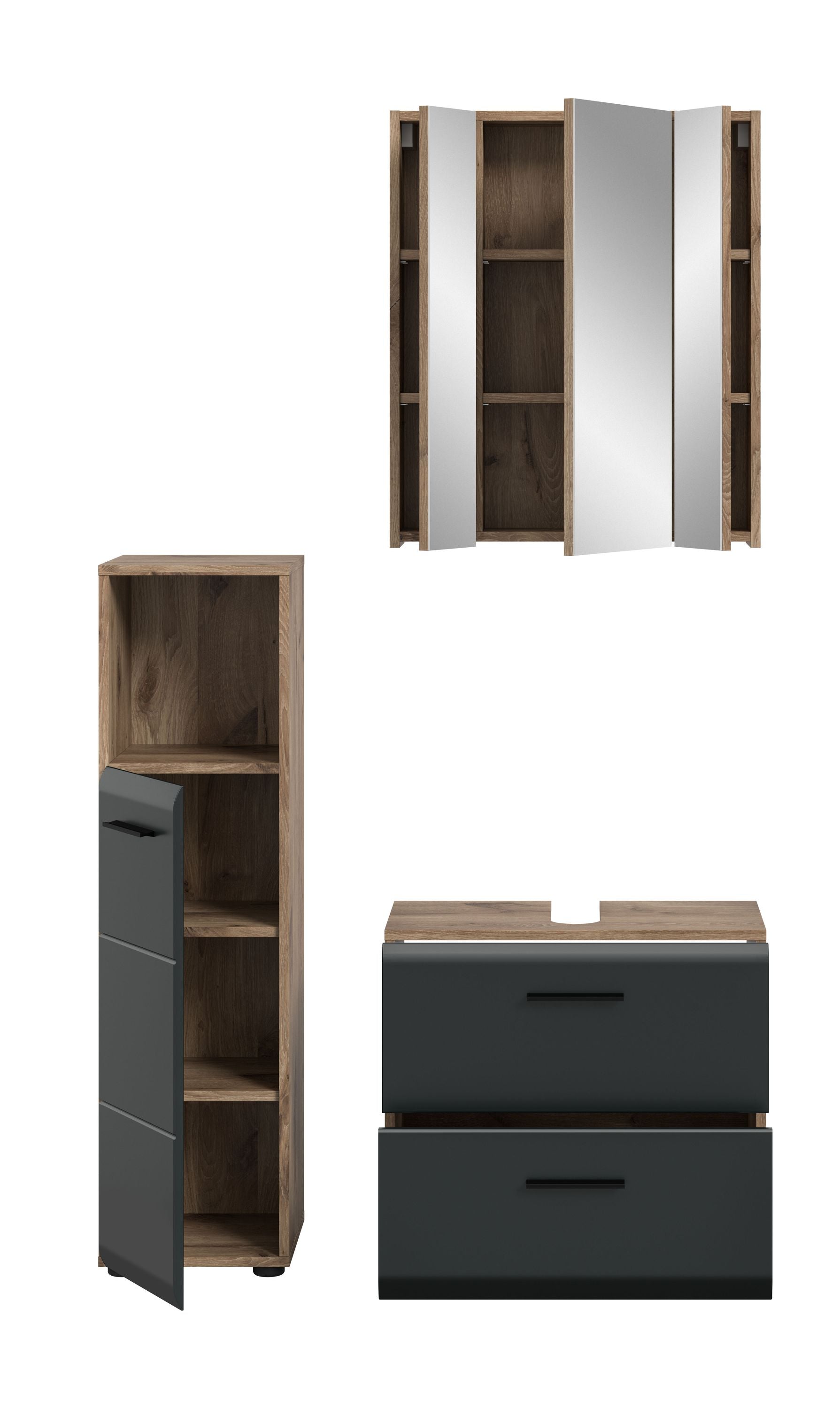 Badmöbel-Set 3-teilig: offener Schrank mit dunklem Holzinnenraum, Spiegel und Kommode in Dunkelgrau