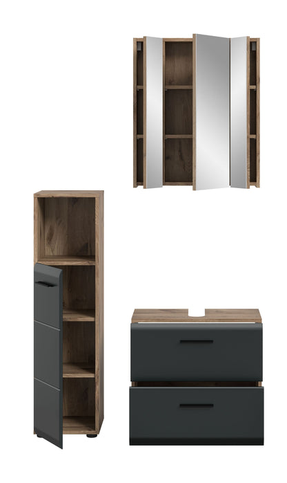 Badmöbel-Set 3-teilig: offener Schrank mit dunklem Holzinnenraum, Spiegel und Kommode in Dunkelgrau