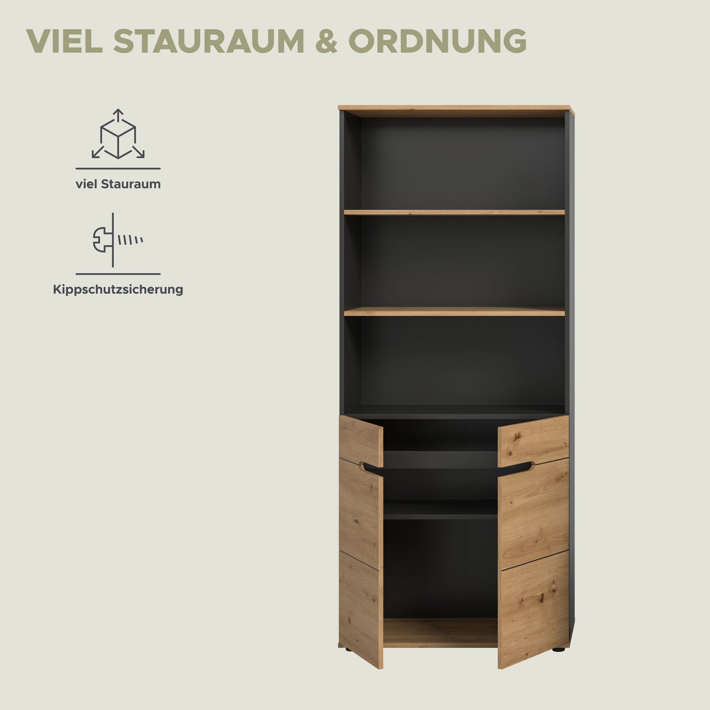 Aktenschrank mit Regal in Holzoptik und Anthrazit, Funktionsgrafik links zur Ordnung