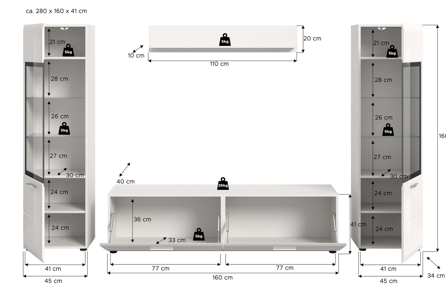 Homes & Jones Wohnwand 4-tlg., TV Möbel Anbauwand, TV bis 70 Zoll geeignet