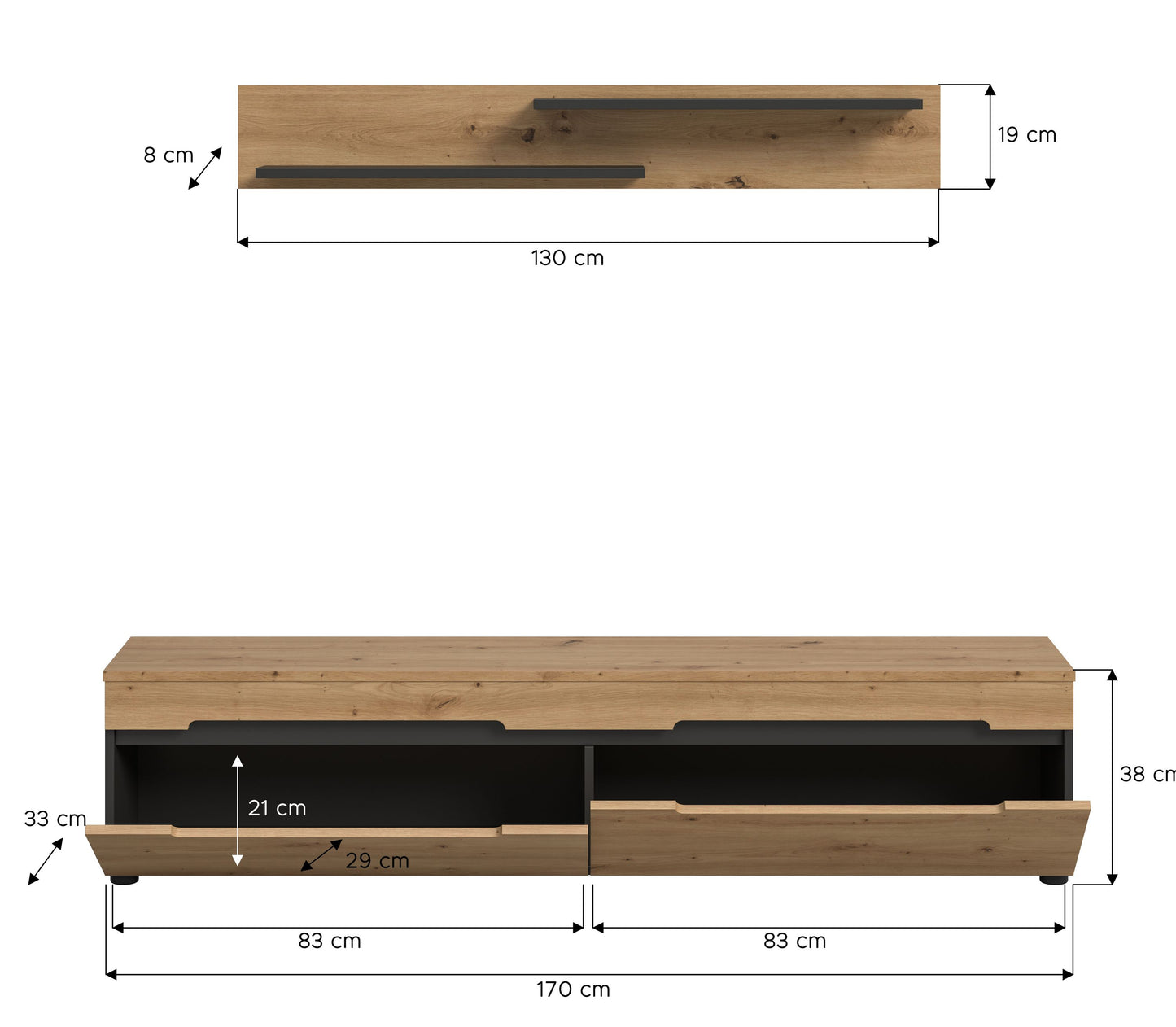 Meuble bas avec étagère murale CANU (L/H/P : env. 170/38/33 cm) en gris basalte/vert fumée