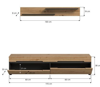 Meuble bas avec étagère murale CANU (L/H/P : env. 170/38/33 cm) en gris basalte/vert fumée