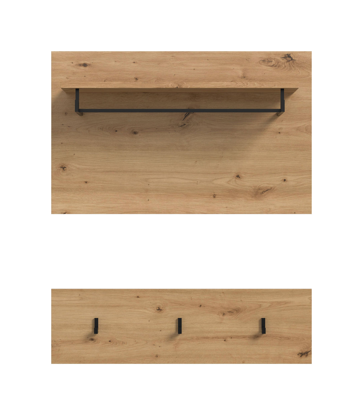 Garderobenwand mit Hutablage und drei Kleiderhaken, Holzoptik, schwarze Haken