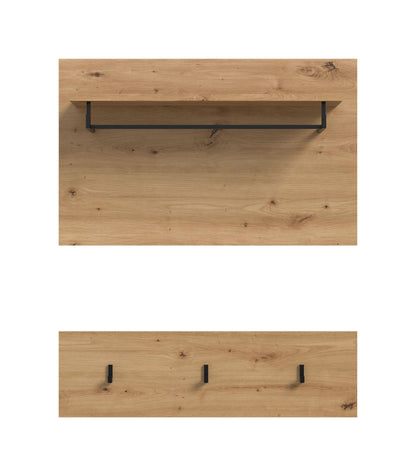 Garderobenwand mit Hutablage und drei Kleiderhaken, Holzoptik, schwarze Haken